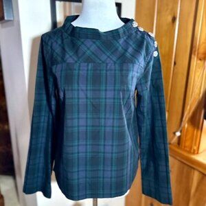 J. CREW Navy Green Blackwatch Tartan Plaid Crystal Buttons Blouse Shirt – 0